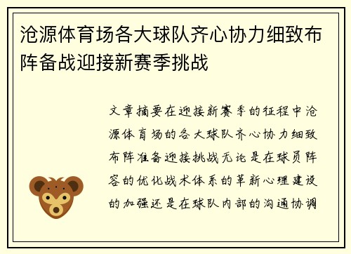 沧源体育场各大球队齐心协力细致布阵备战迎接新赛季挑战