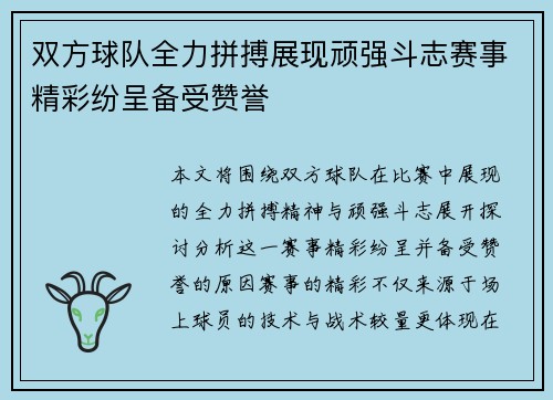 双方球队全力拼搏展现顽强斗志赛事精彩纷呈备受赞誉