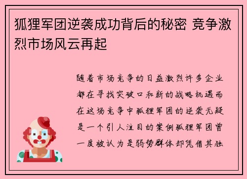 狐狸军团逆袭成功背后的秘密 竞争激烈市场风云再起