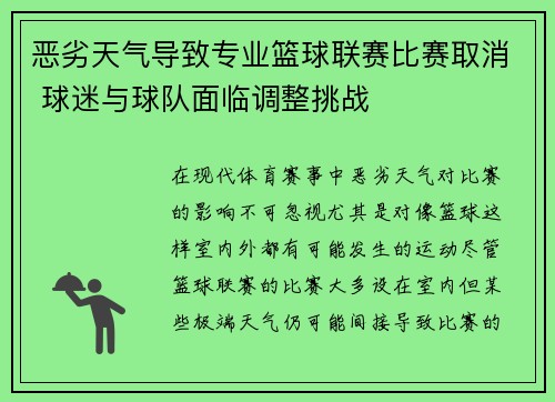 恶劣天气导致专业篮球联赛比赛取消 球迷与球队面临调整挑战