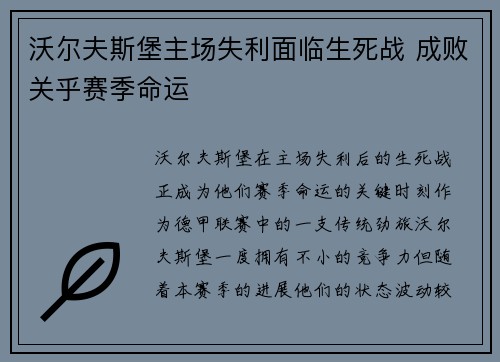 沃尔夫斯堡主场失利面临生死战 成败关乎赛季命运