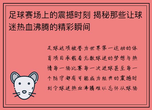 足球赛场上的震撼时刻 揭秘那些让球迷热血沸腾的精彩瞬间