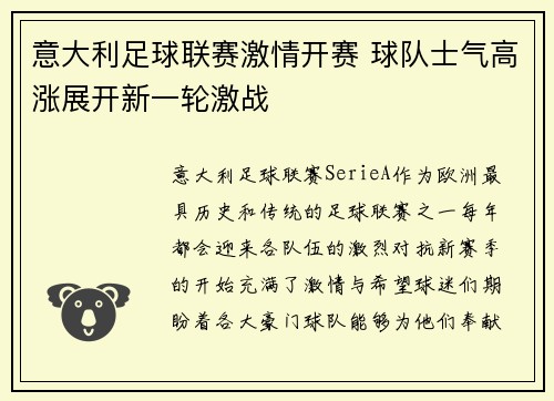 意大利足球联赛激情开赛 球队士气高涨展开新一轮激战