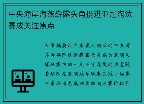 中央海岸海燕崭露头角挺进亚冠淘汰赛成关注焦点