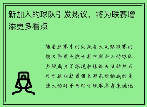 新加入的球队引发热议，将为联赛增添更多看点